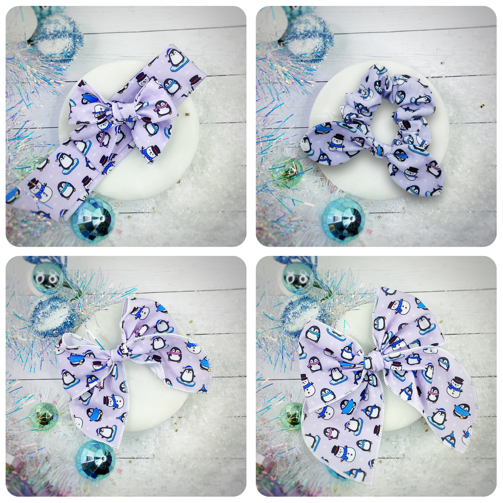 Penguins and Snowman Cuties Bow Strip and Scrunchie Collection