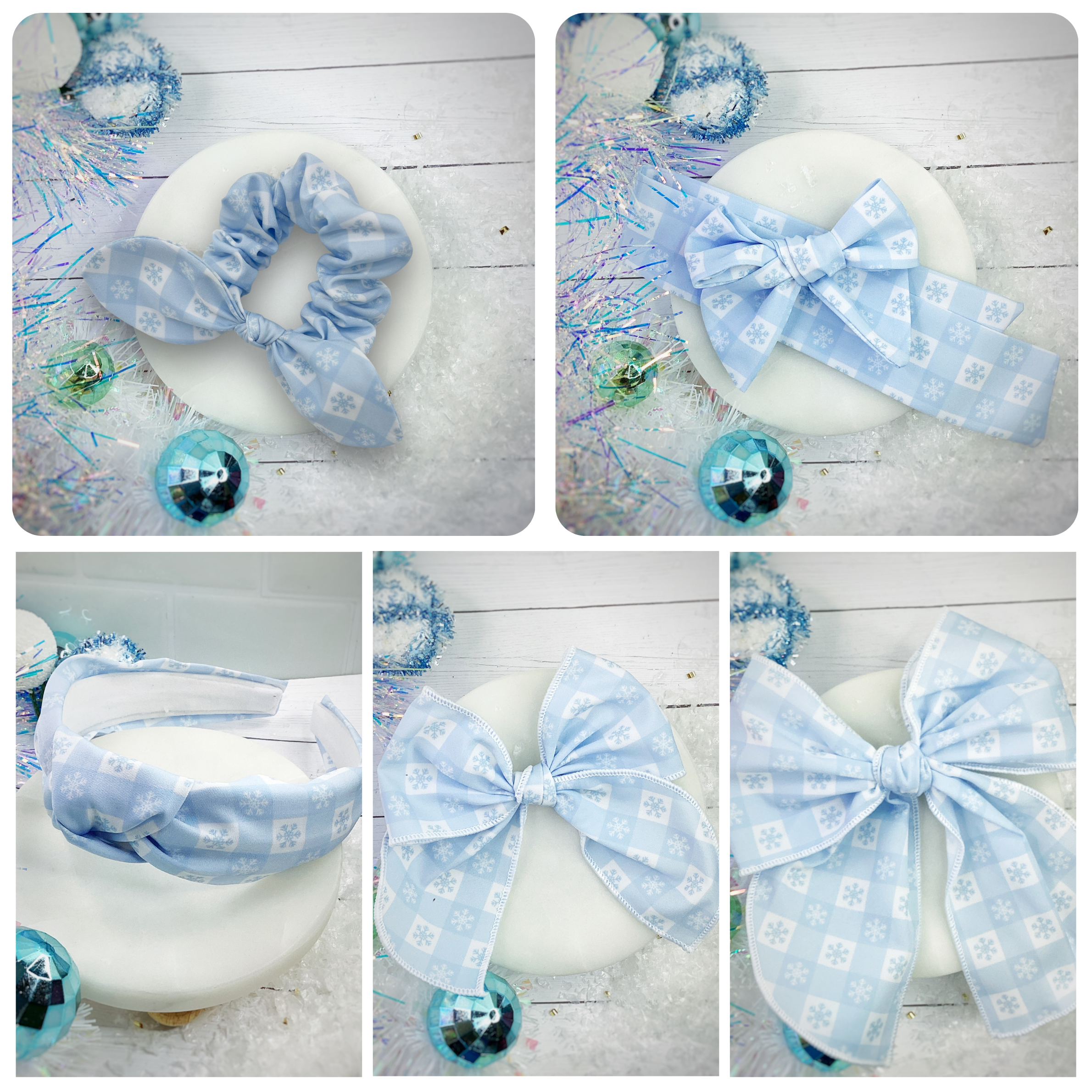 Snowflake Checker Bow Strip, Headband and Scrunchie Collection