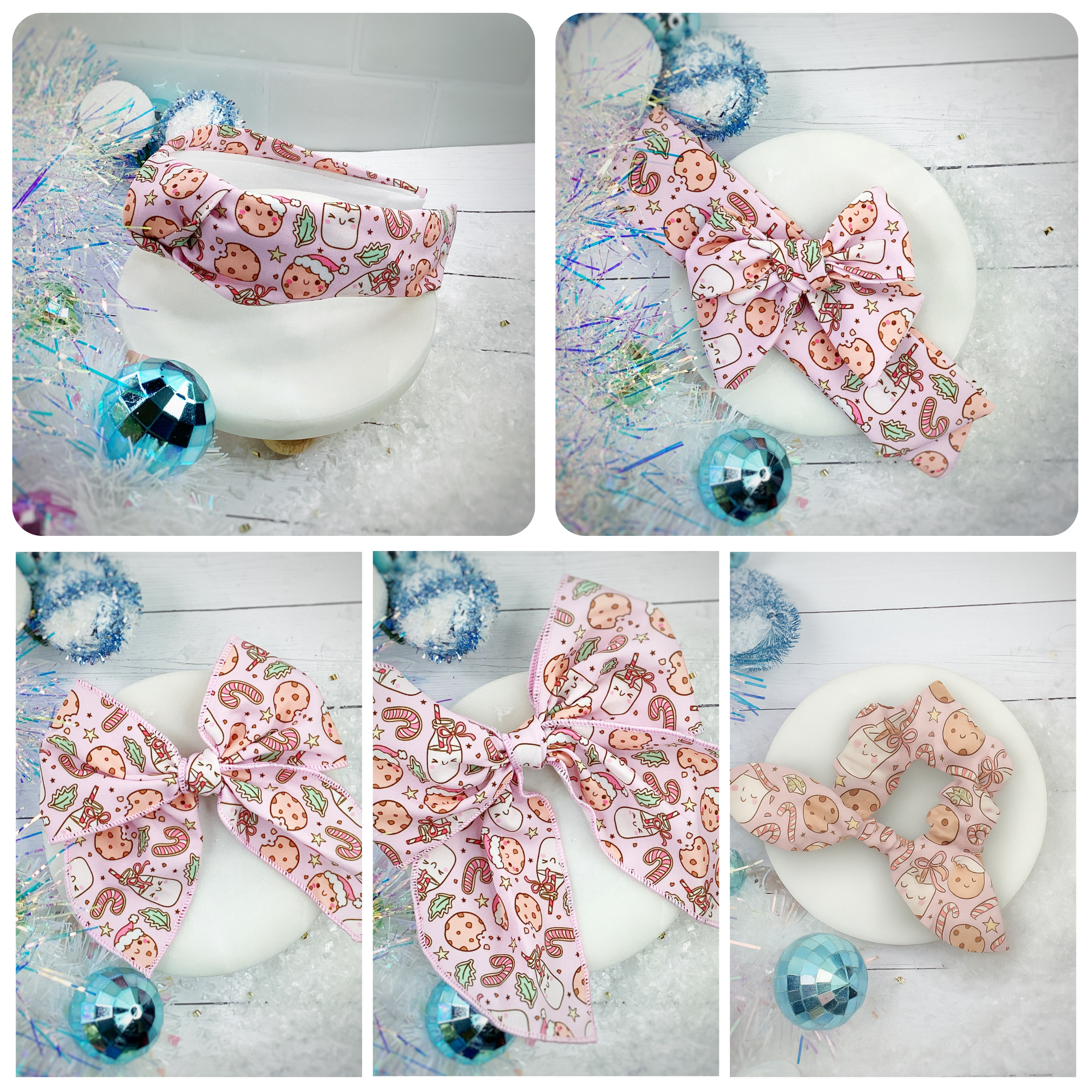 Cutie Christmas Milk and Cookies Bow Strip, Headband and Scrunchie Collection