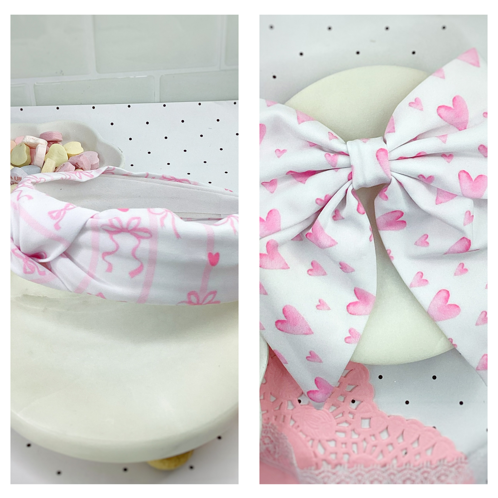 Pink Hearts and Coquette Stripes Finished Bow and Headband Collection
