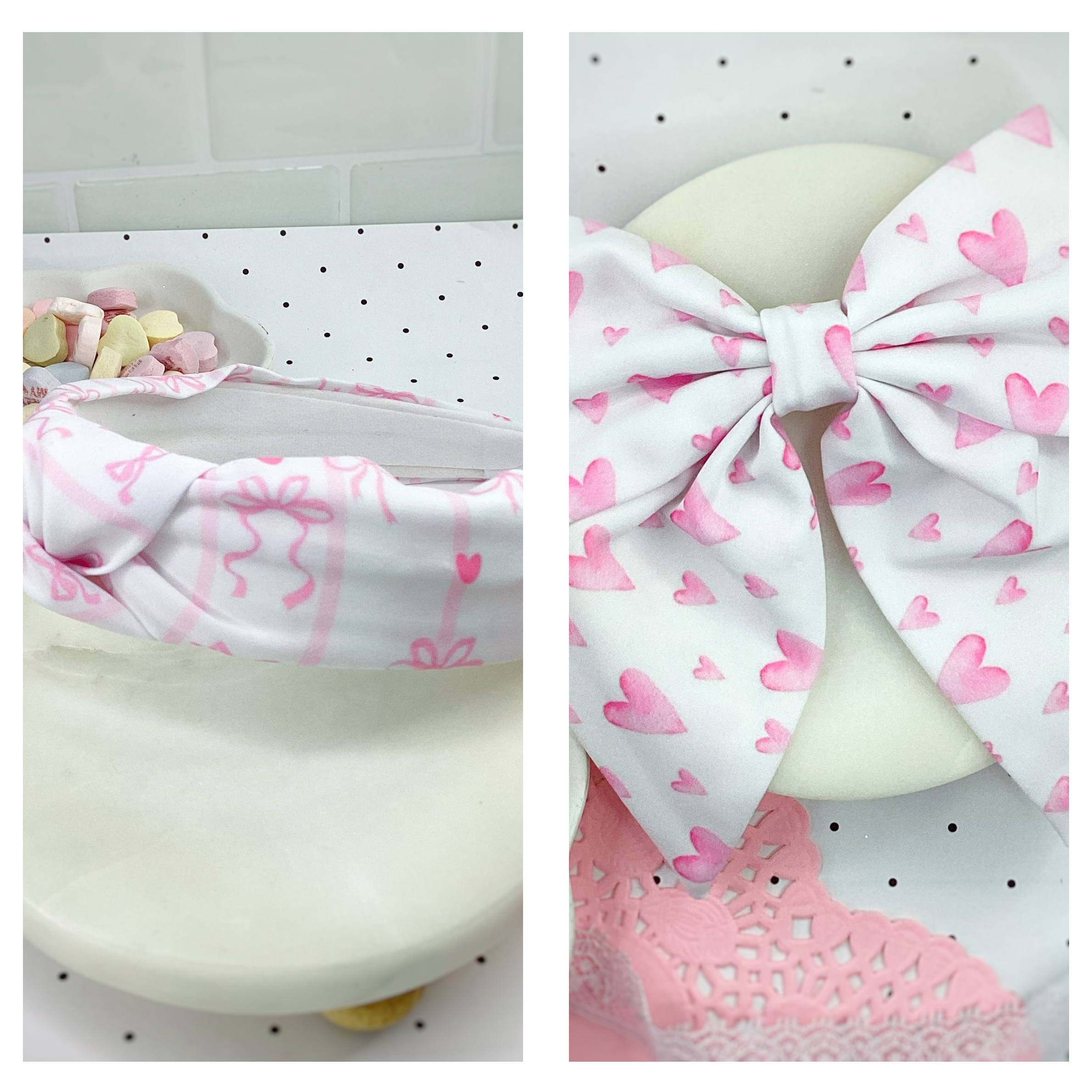 Pink Hearts and Coquette Stripes Finished Bow and Headband Collection