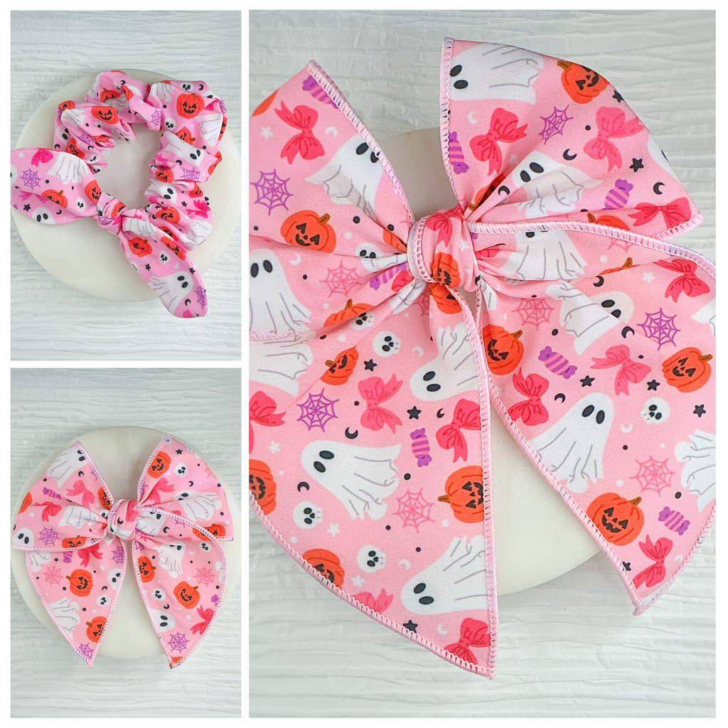 Pink Cute Ghosts and Pumpkins Pre-Tied Bow Strip and Scrunchie Collection