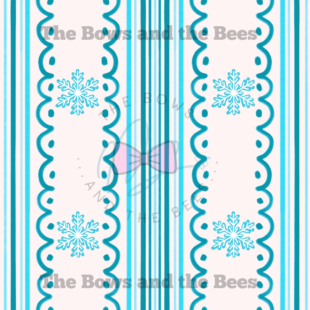 Bright Blue Winter Snowflake Scallop Stripes | Coquette Christmas Seamless Pattern