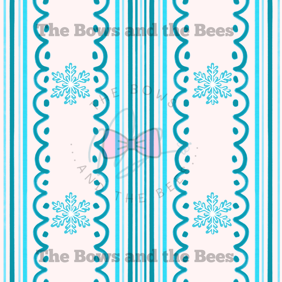 Bright Blue Winter Snowflake Scallop Stripes | Coquette Christmas Seamless Pattern