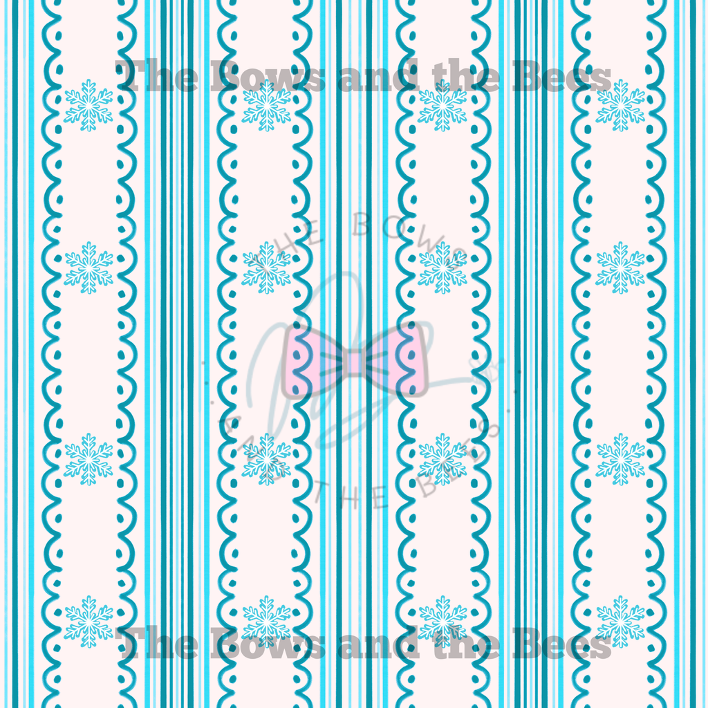 Bright Blue Winter Snowflake Scallop Stripes | Coquette Christmas Seamless Pattern