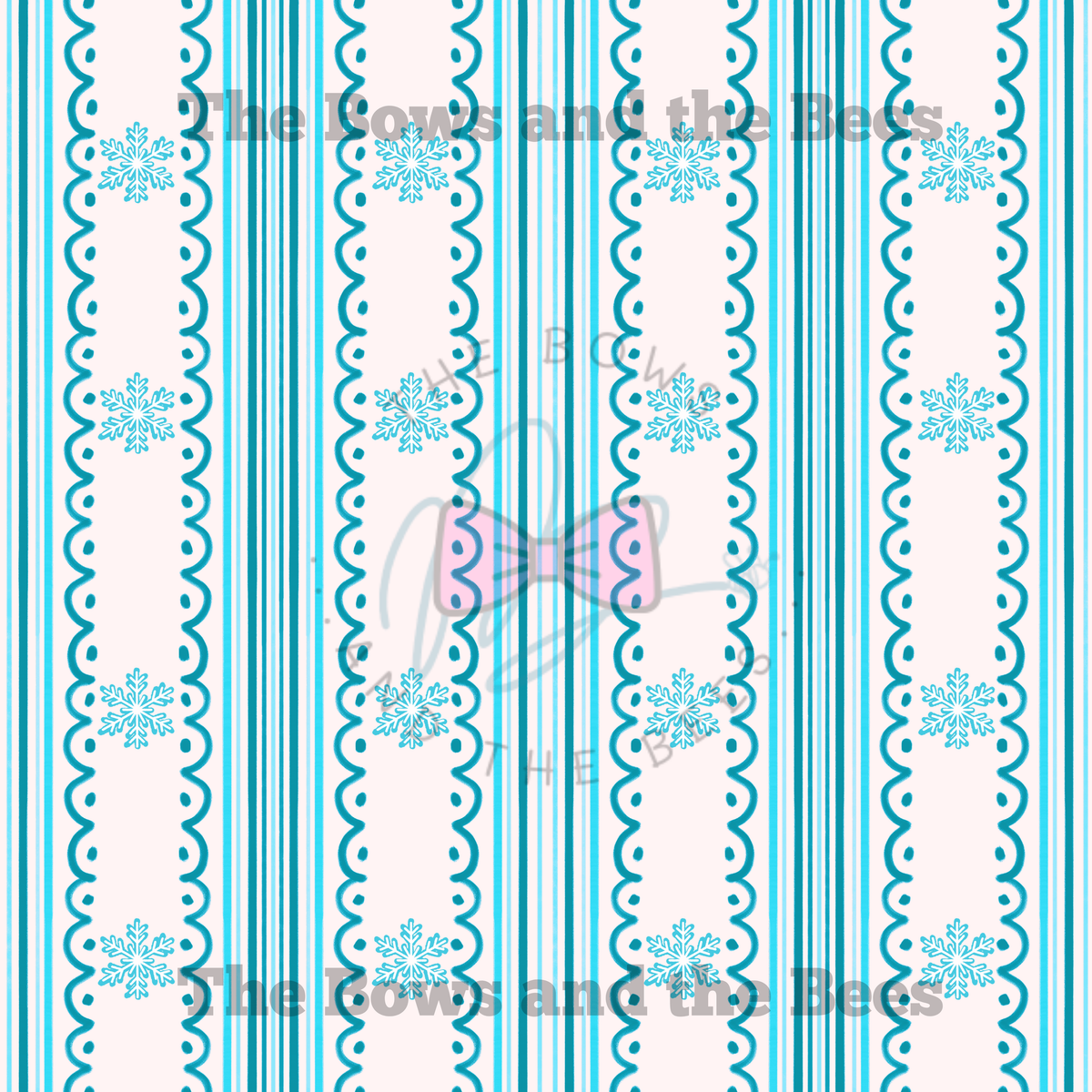Bright Blue Winter Snowflake Scallop Stripes | Coquette Christmas Seamless Pattern