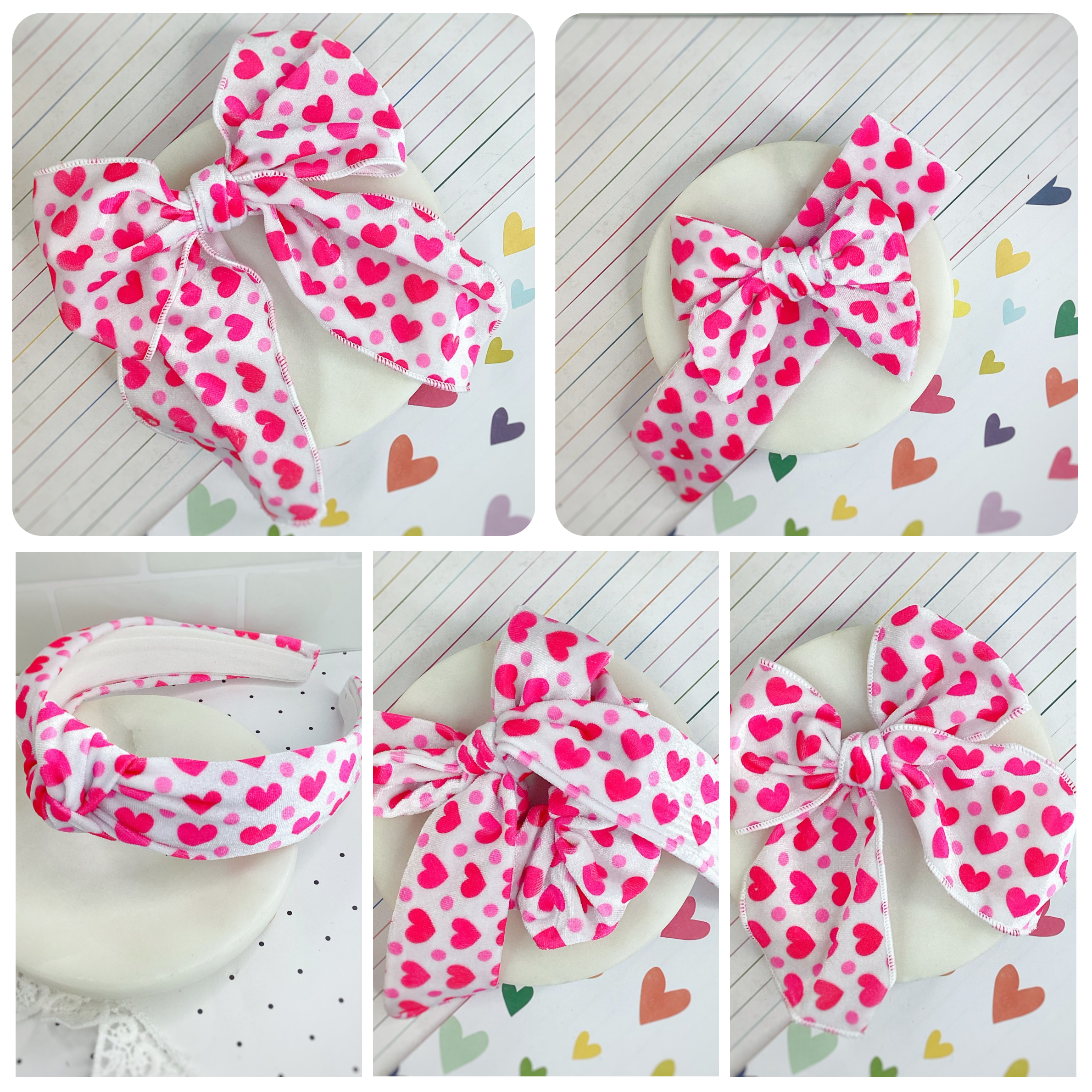 Pink Velvet Hearts Bow Strip and Scrunchie Collection