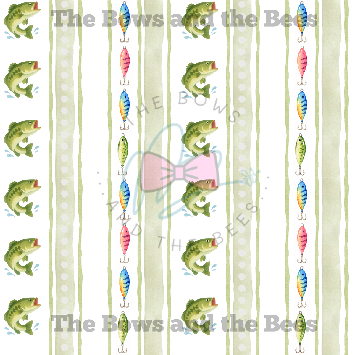 Watercolor Stripes Bass and Lures | Fishing Seamless Pattern