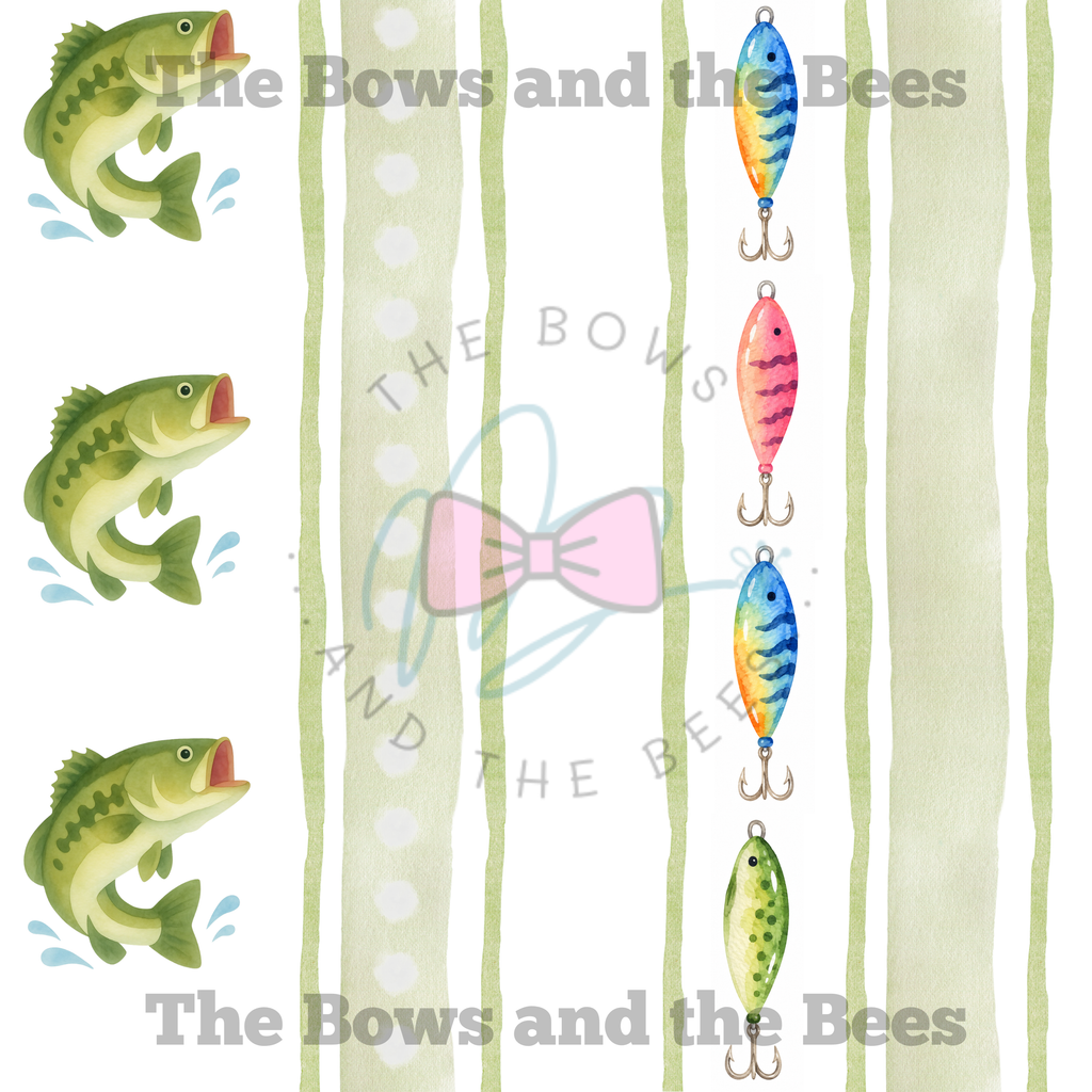 Watercolor Stripes Bass and Lures | Fishing Seamless Pattern