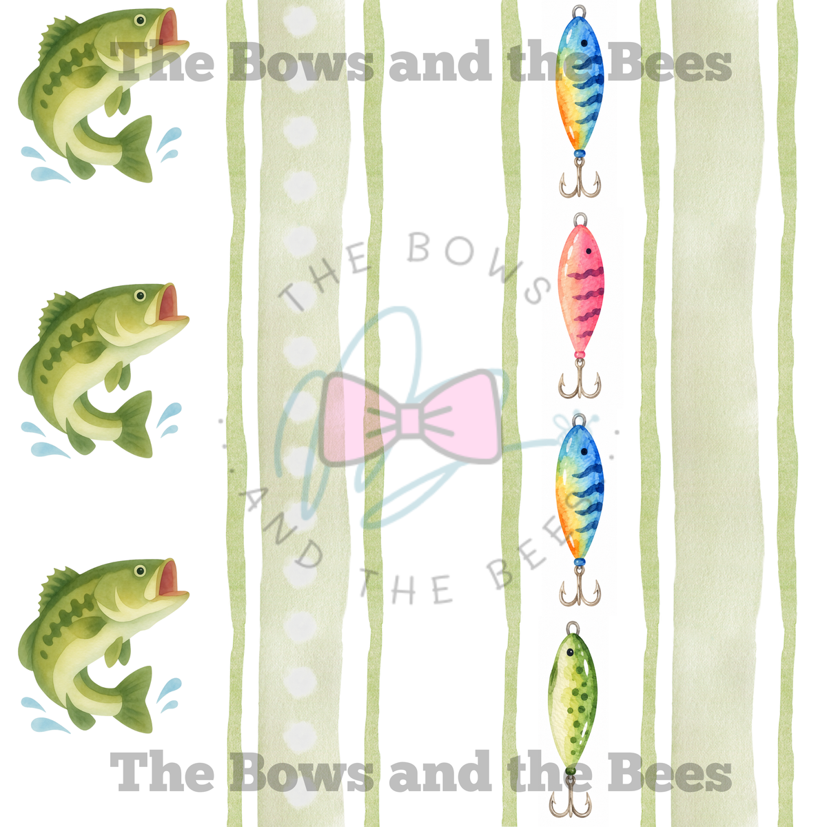 Watercolor Stripes Bass and Lures | Fishing Seamless Pattern