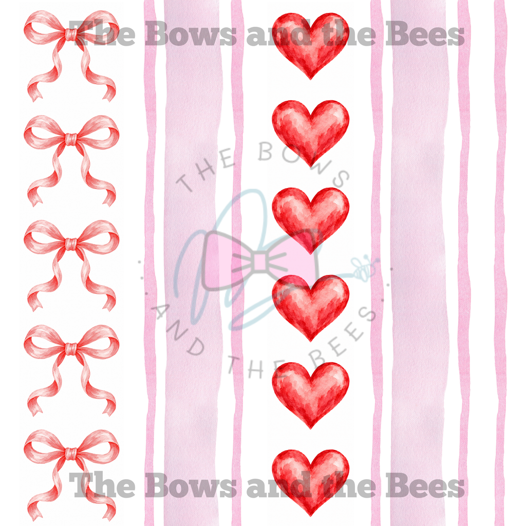 Watercolor Stripes Hearts and Bows | Valentine’s Coquette Seamless Pattern