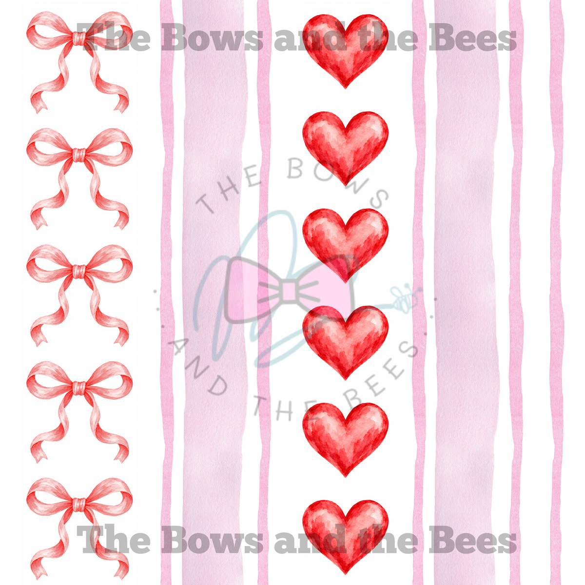 Watercolor Stripes Hearts and Bows | Valentine’s Coquette Seamless Pattern