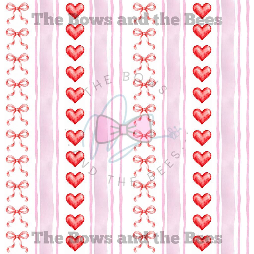 Watercolor Stripes Hearts and Bows | Valentine’s Coquette Seamless Pattern