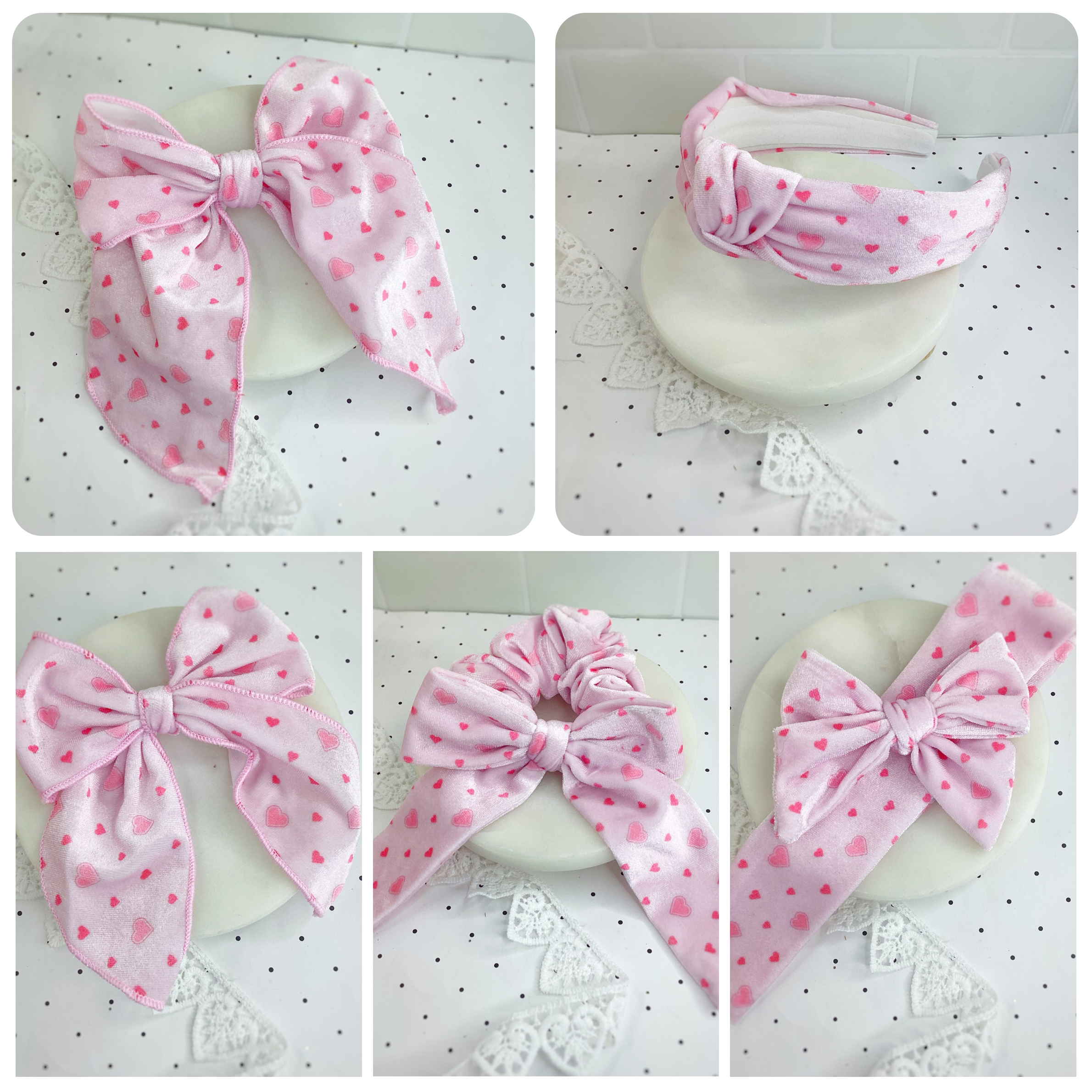 Little Velvet Hearts Bow Strip, Headband and Scrunchie Collection