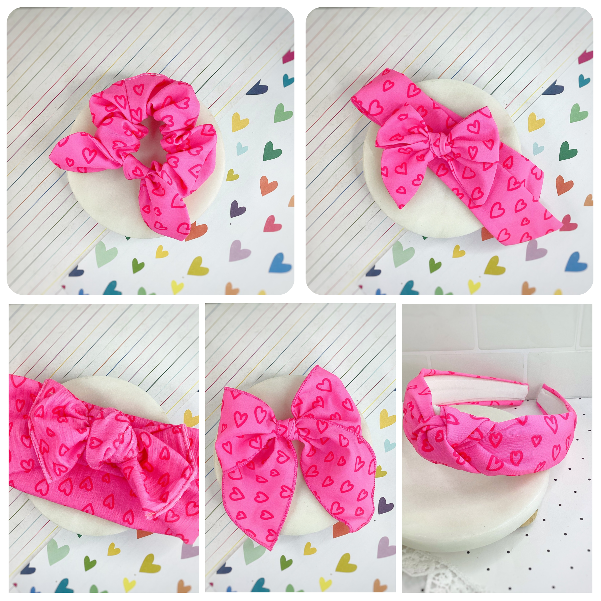 Neon Pink Doodle Hearts Bow Strip, Headband, Baby Headwrap and Scrunchie Collection