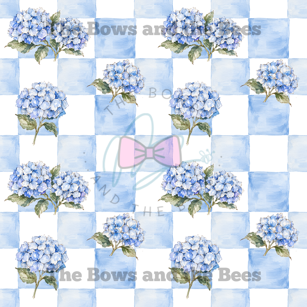 Blue Check Hydrangea Garden | Watercolor Seamless Pattern