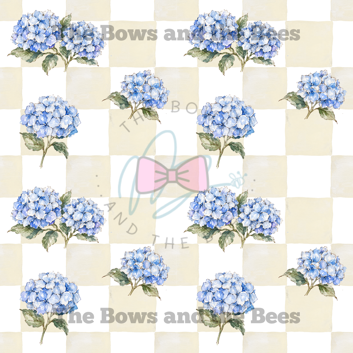 Cream Check Hydrangea Garden | Watercolor Seamless Pattern