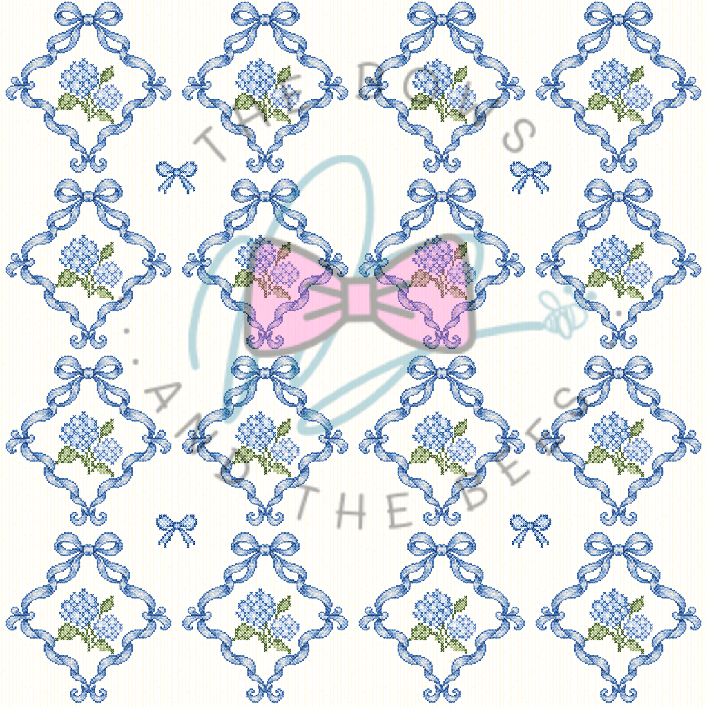 Grand Millennial Blue Hydrangea Sampler | Cross-stitch Seamless Pattern