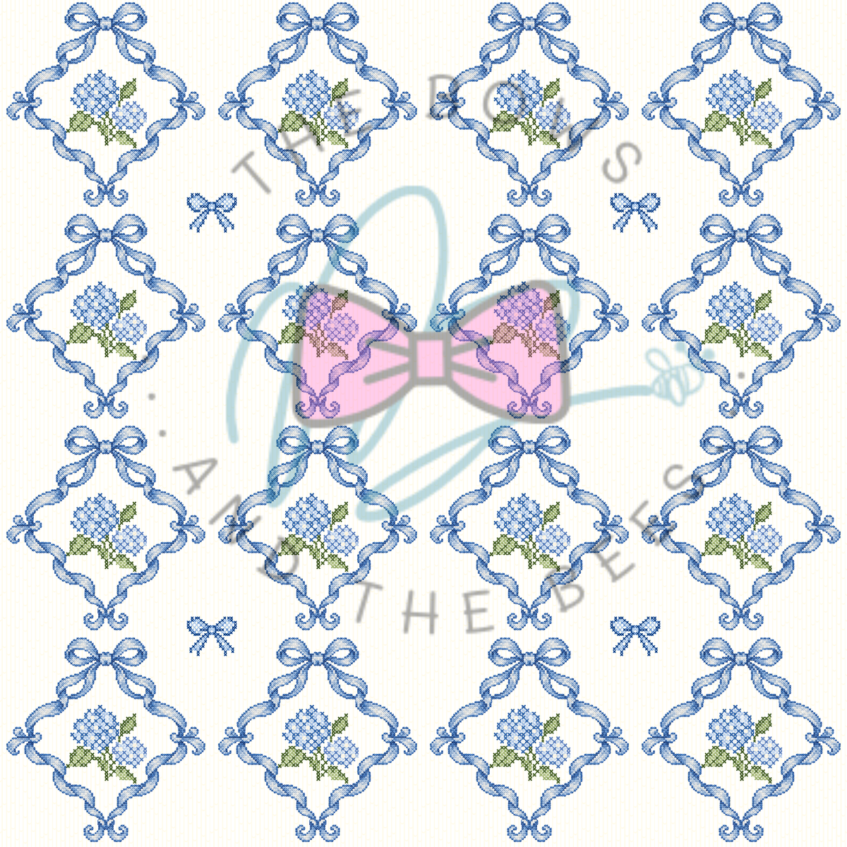 Grand Millennial Blue Hydrangea Sampler | Cross-stitch Seamless Pattern