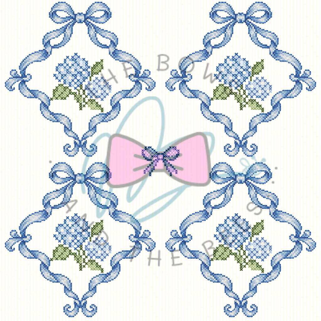 Grand Millennial Blue Hydrangea Sampler | Cross-stitch Seamless Pattern