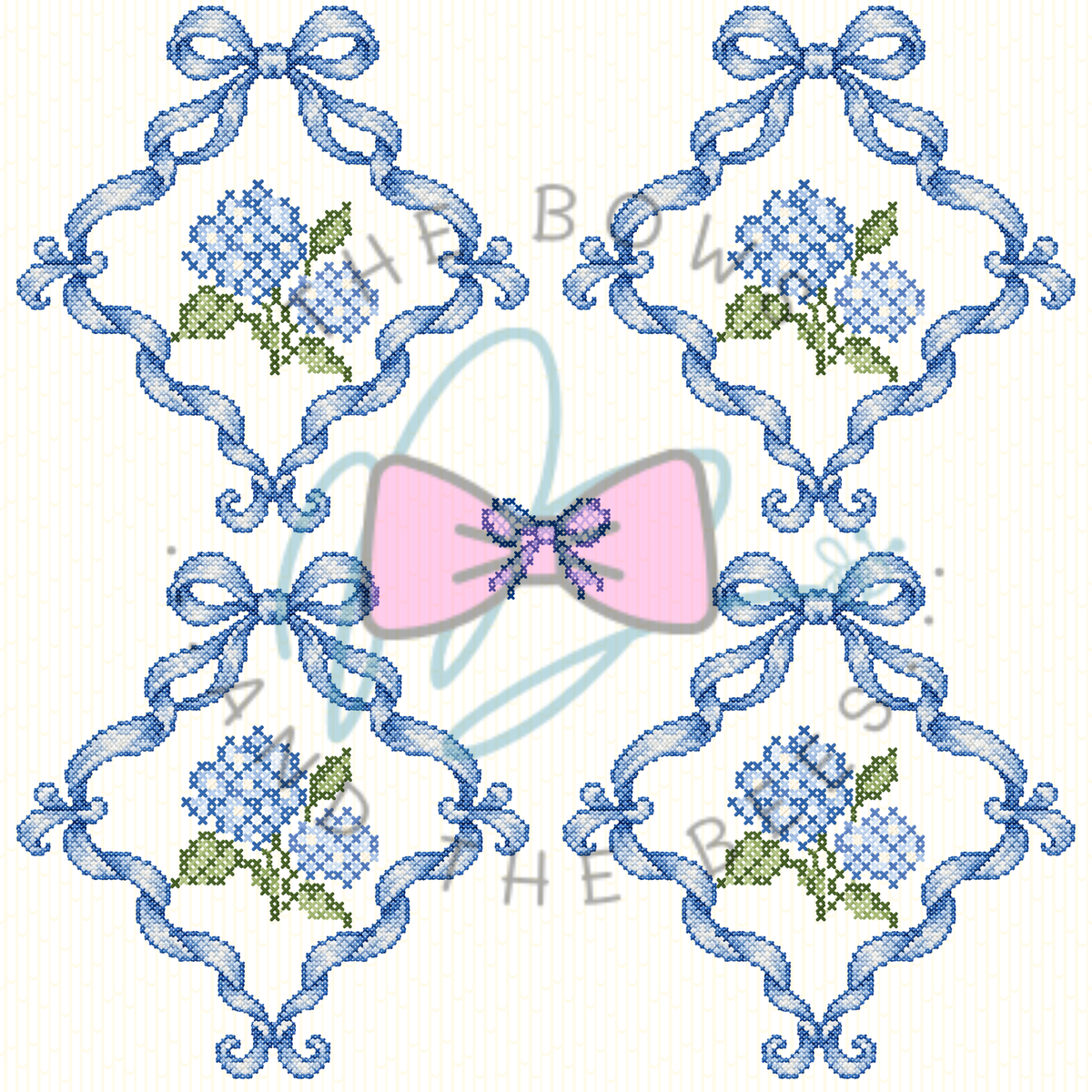 Grand Millennial Blue Hydrangea Sampler | Cross-stitch Seamless Pattern