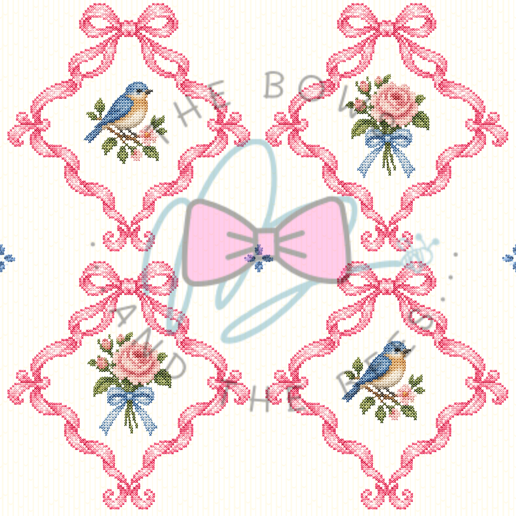 Pink Sweet Songbird Sampler | Cross-stitch Seamless Pattern