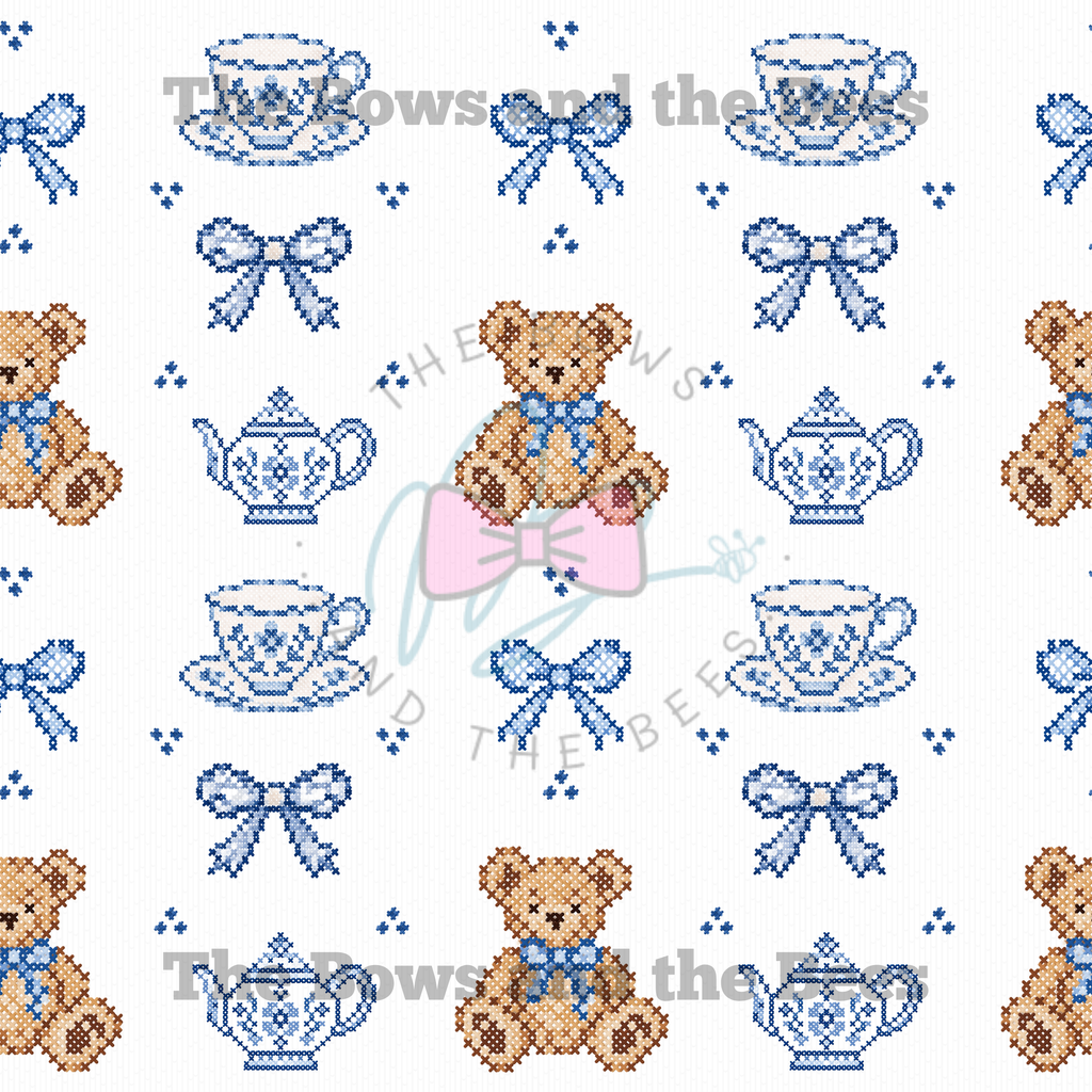 Teddy Toile Tea Party Sampler | Cross-stitch Seamless Pattern