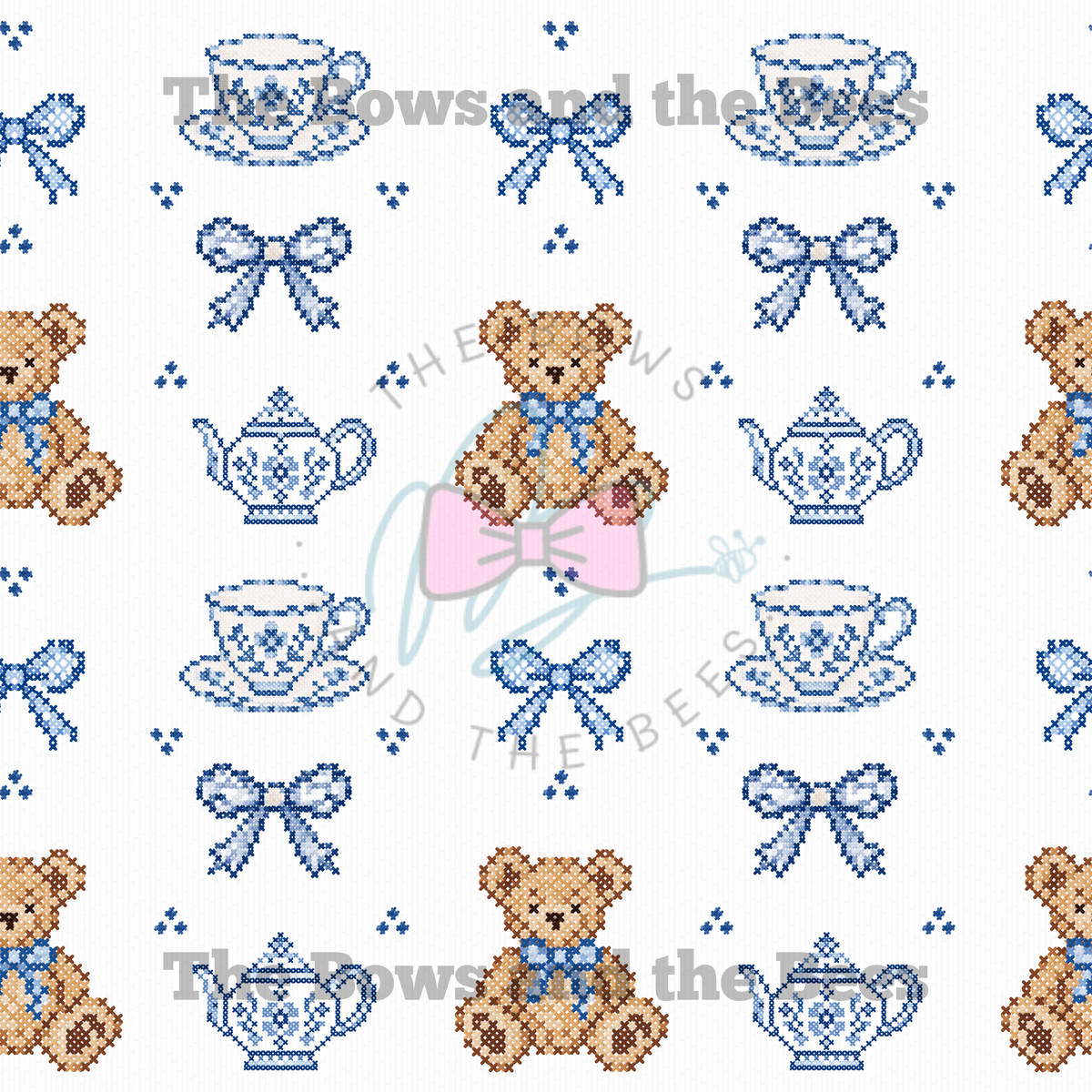 Teddy Toile Tea Party Sampler | Cross-stitch Seamless Pattern