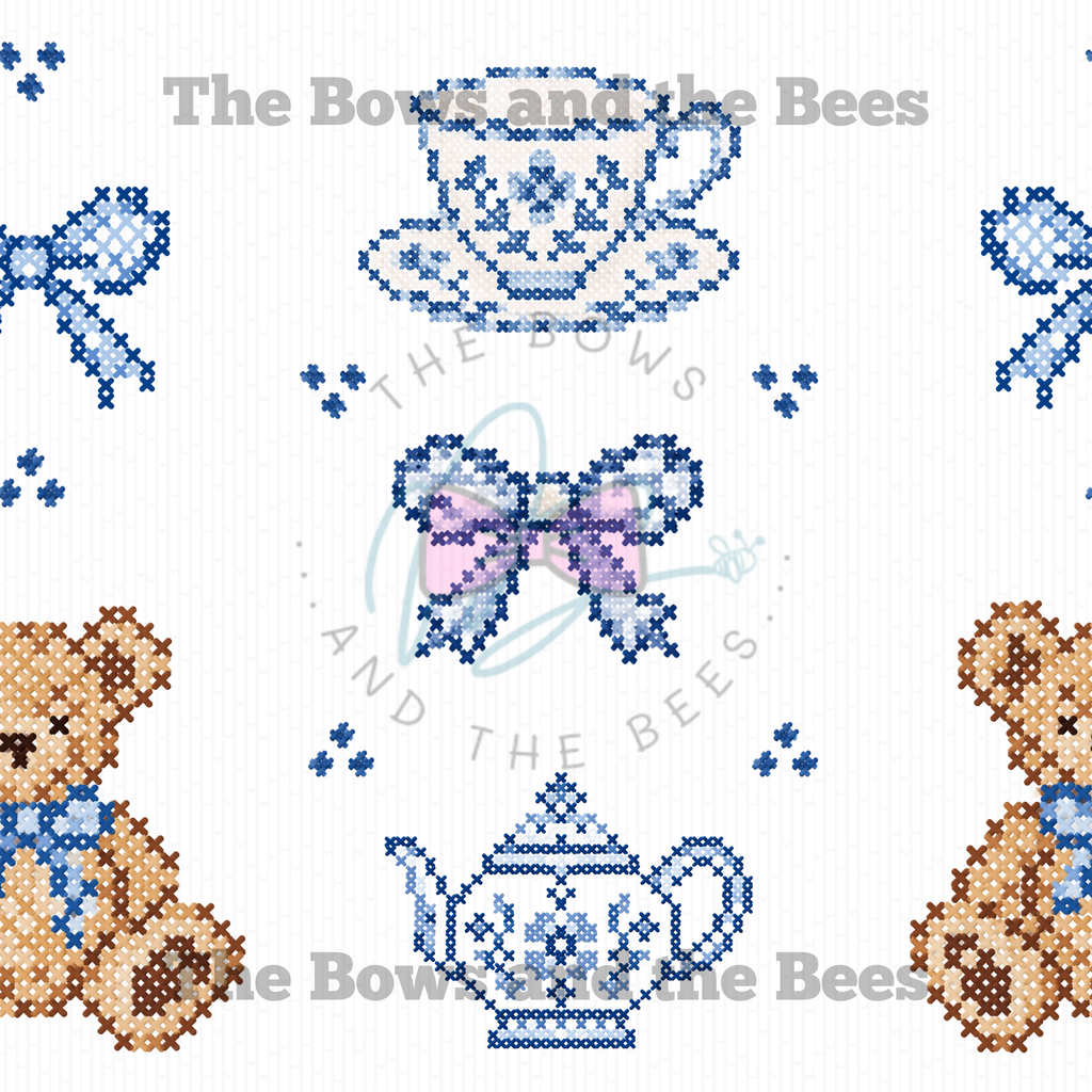 Teddy Toile Tea Party Sampler | Cross-stitch Seamless Pattern