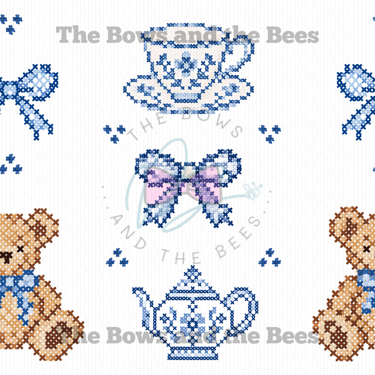 Teddy Toile Tea Party Sampler | Cross-stitch Seamless Pattern