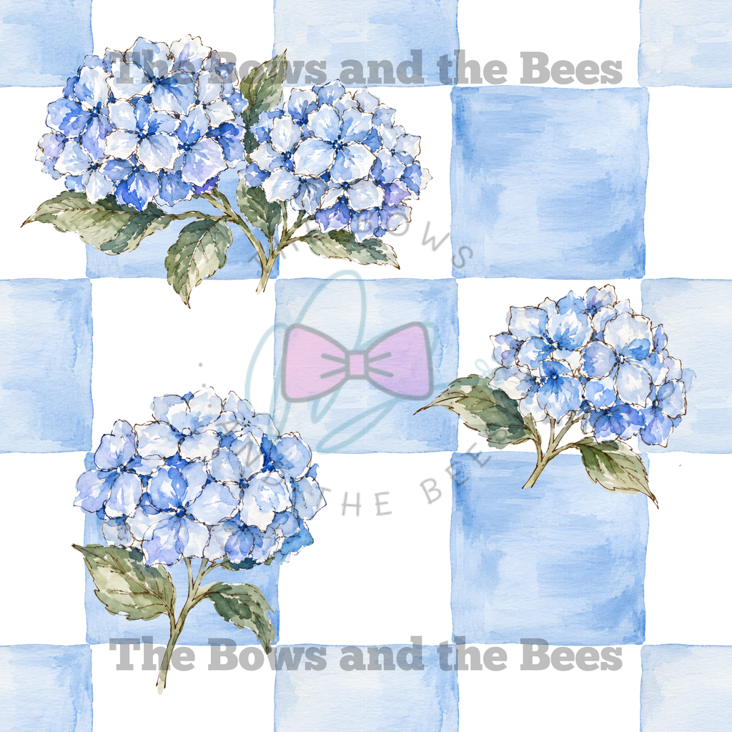 Blue Check Hydrangea Garden | Watercolor Seamless Pattern