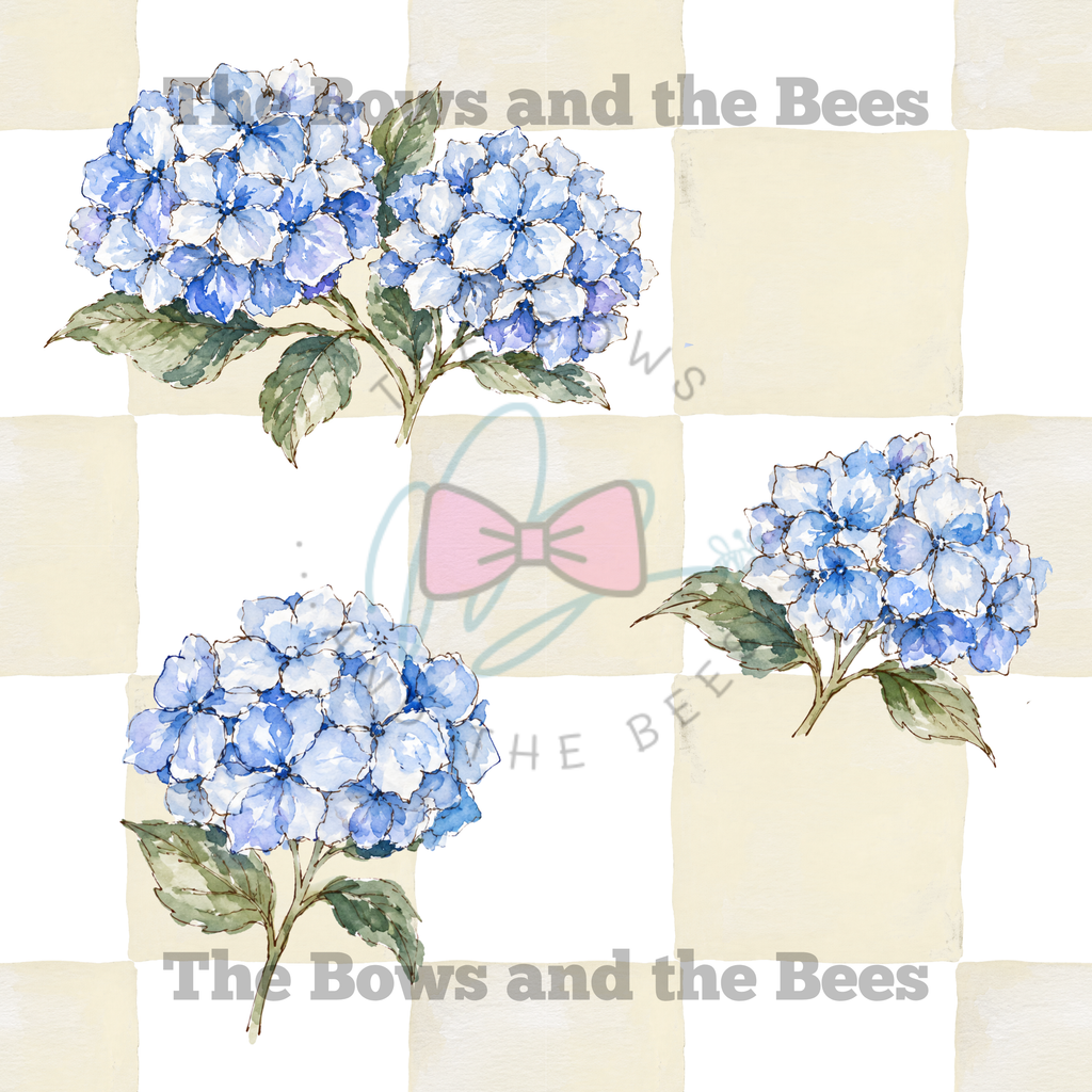 Cream Check Hydrangea Garden | Watercolor Seamless Pattern