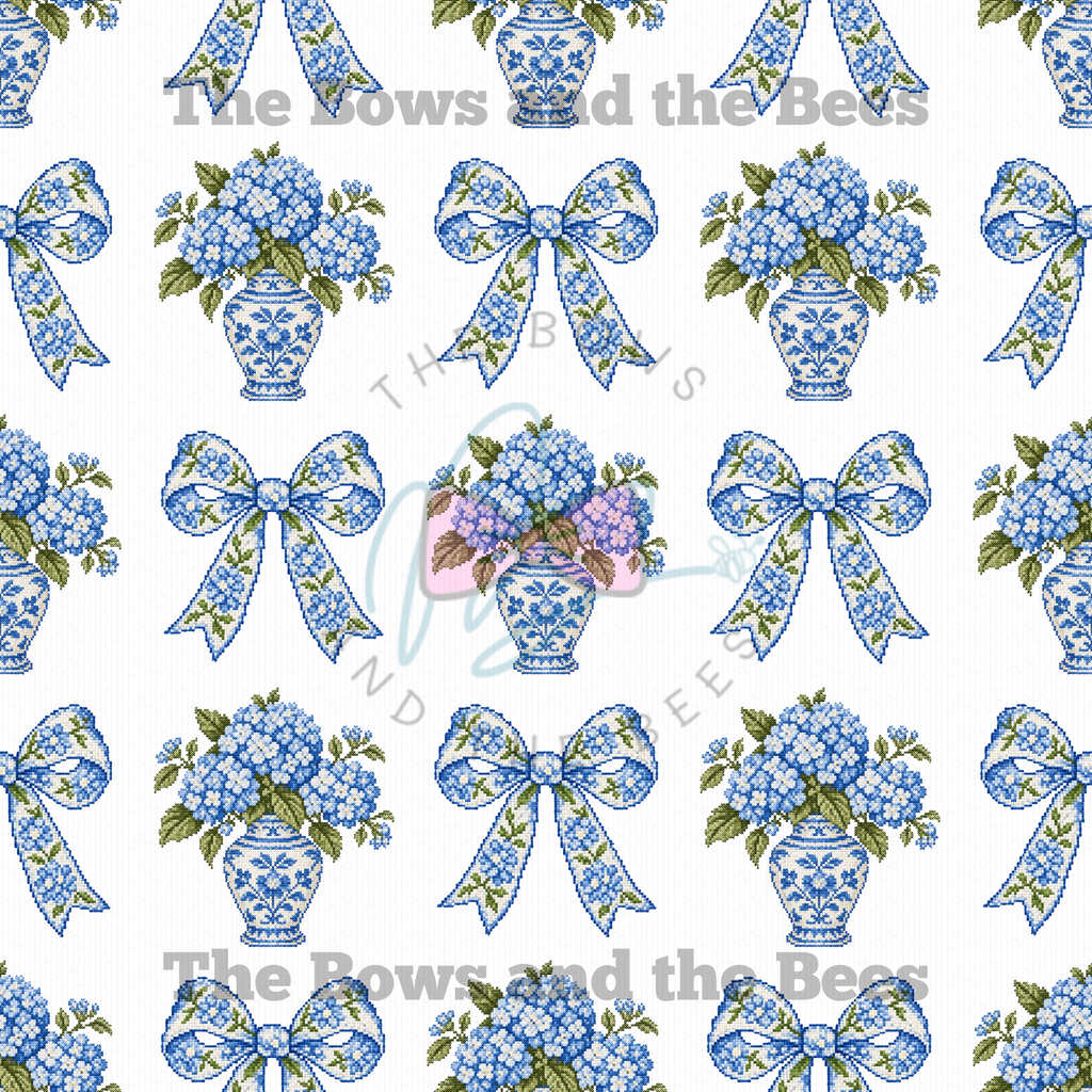 Toile Beauty Blue Hydrangea Sampler | Cross-stitch Seamless Pattern
