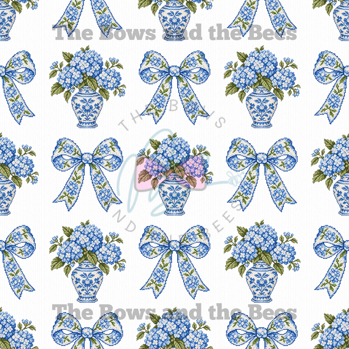 Toile Beauty Blue Hydrangea Sampler | Cross-stitch Seamless Pattern
