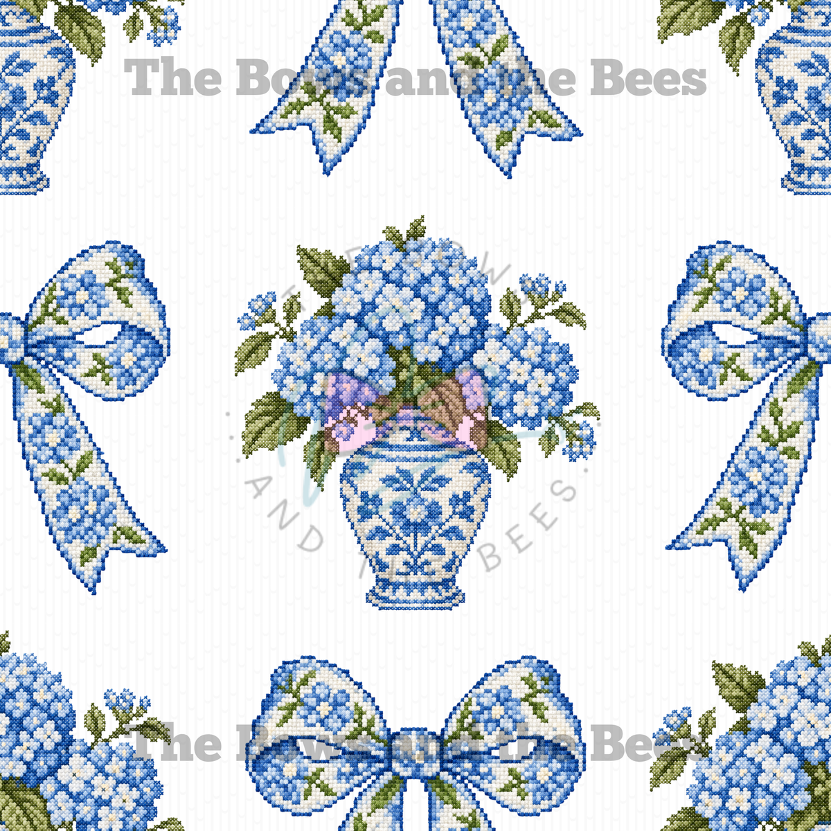Toile Beauty Blue Hydrangea Sampler | Cross-stitch Seamless Pattern
