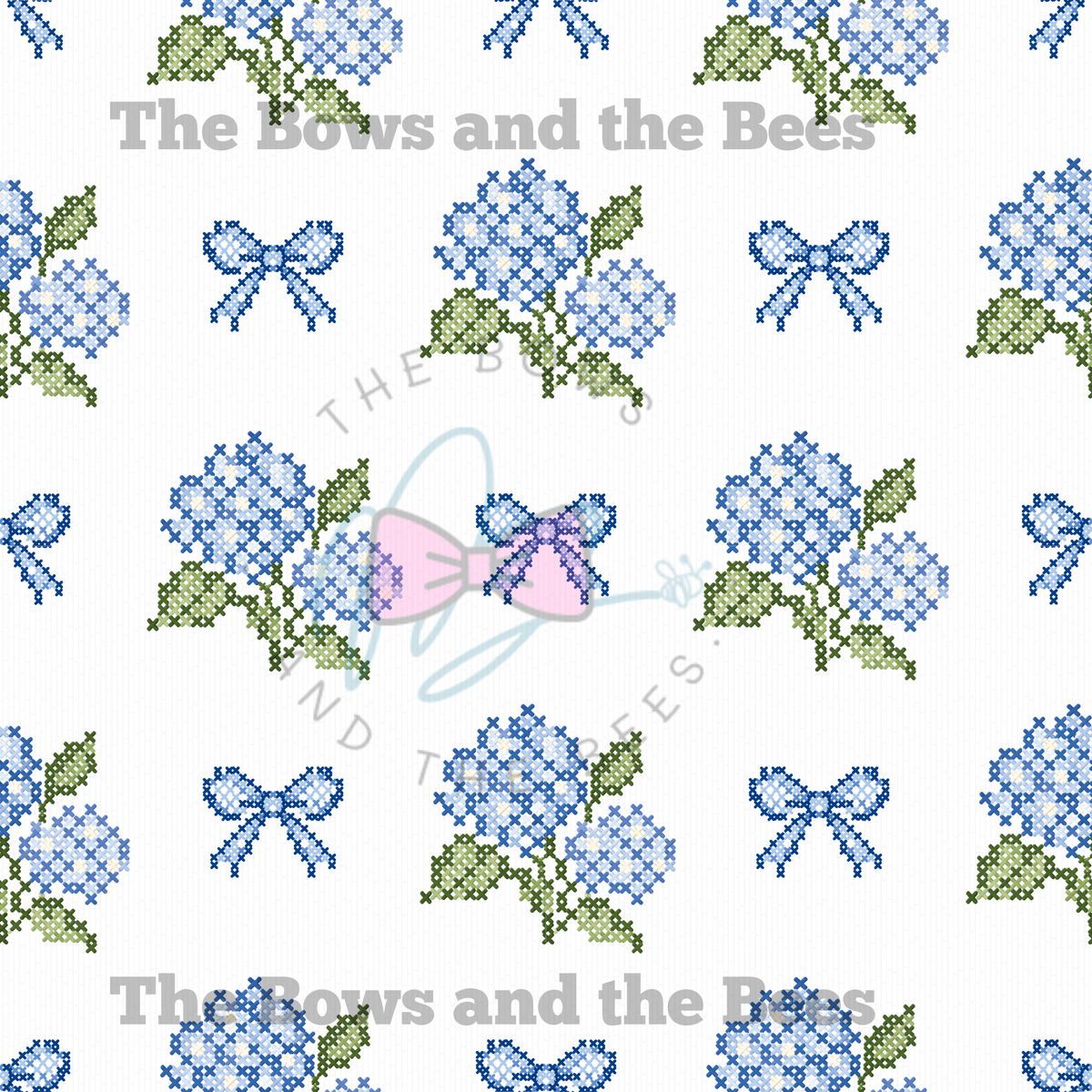 Little Miss Blue Hydrangea Sampler | Cross-stitch Seamless Pattern