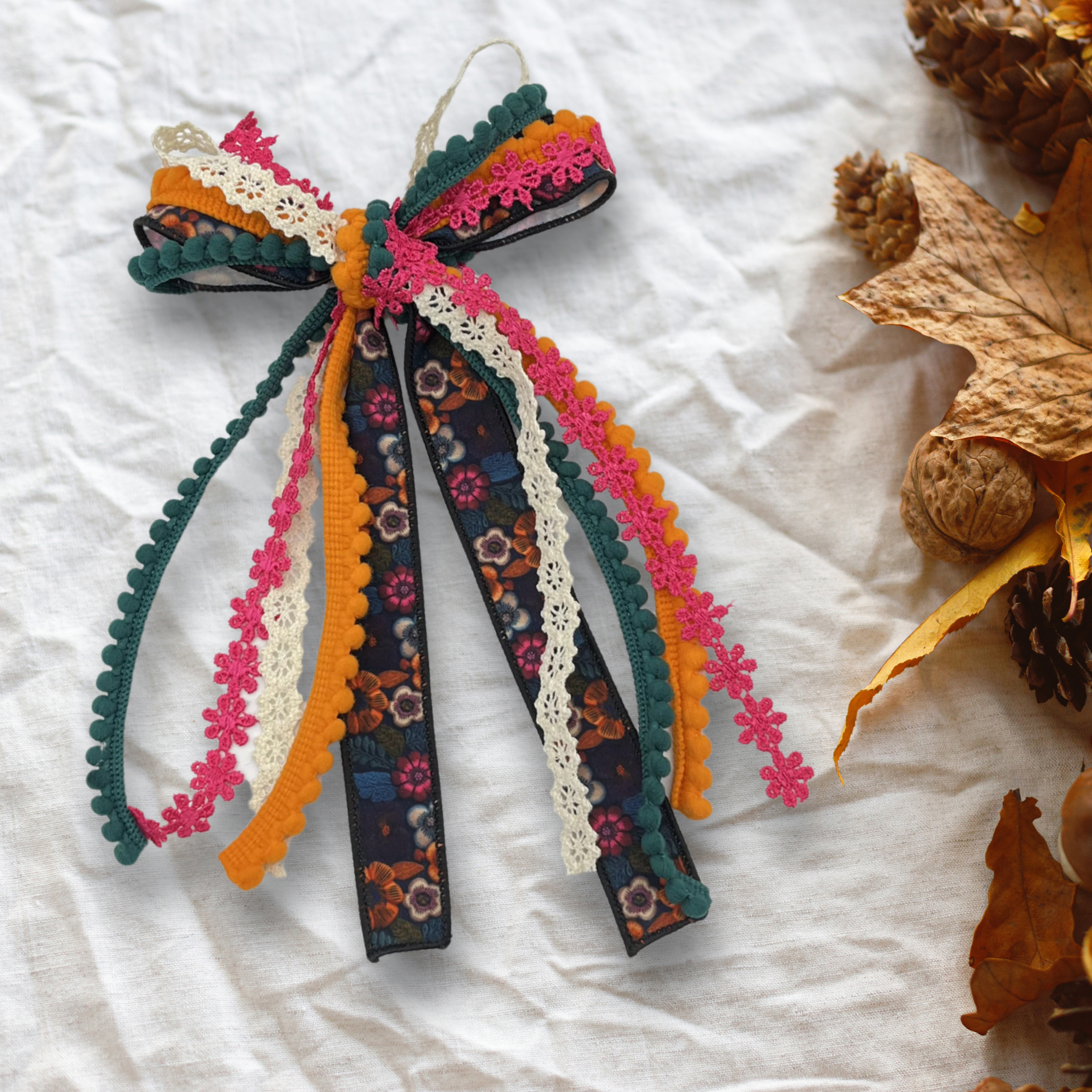 Autumn Florals and Lace Messy Trim Bows