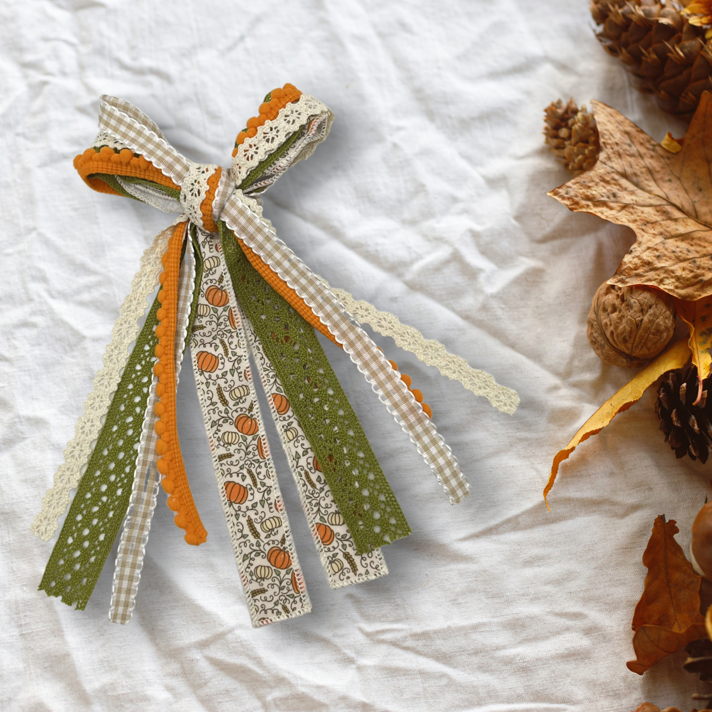 Pumpkins and Lace Messy Trim Bows