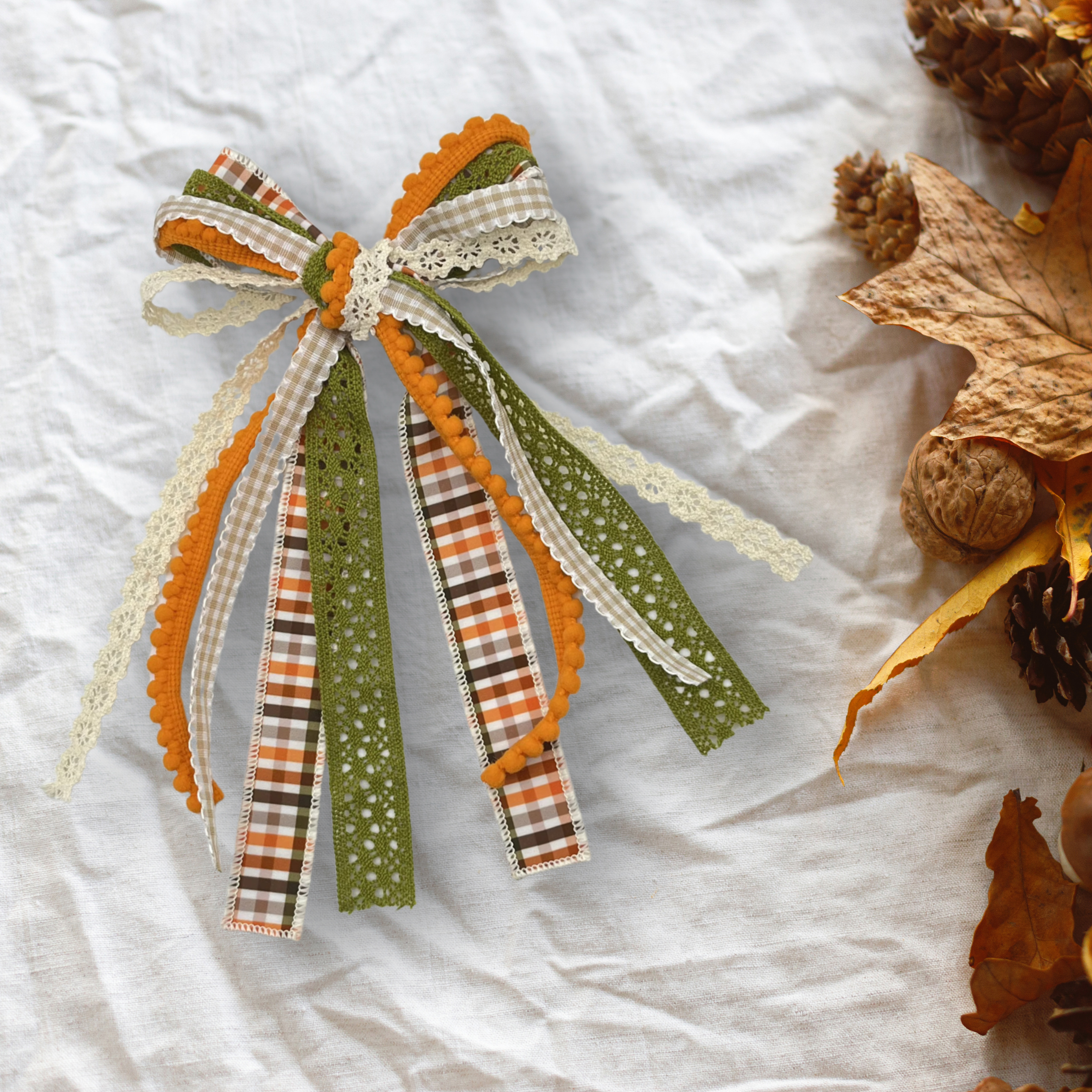 Autumn Plaid and Lace Messy Trim Bows