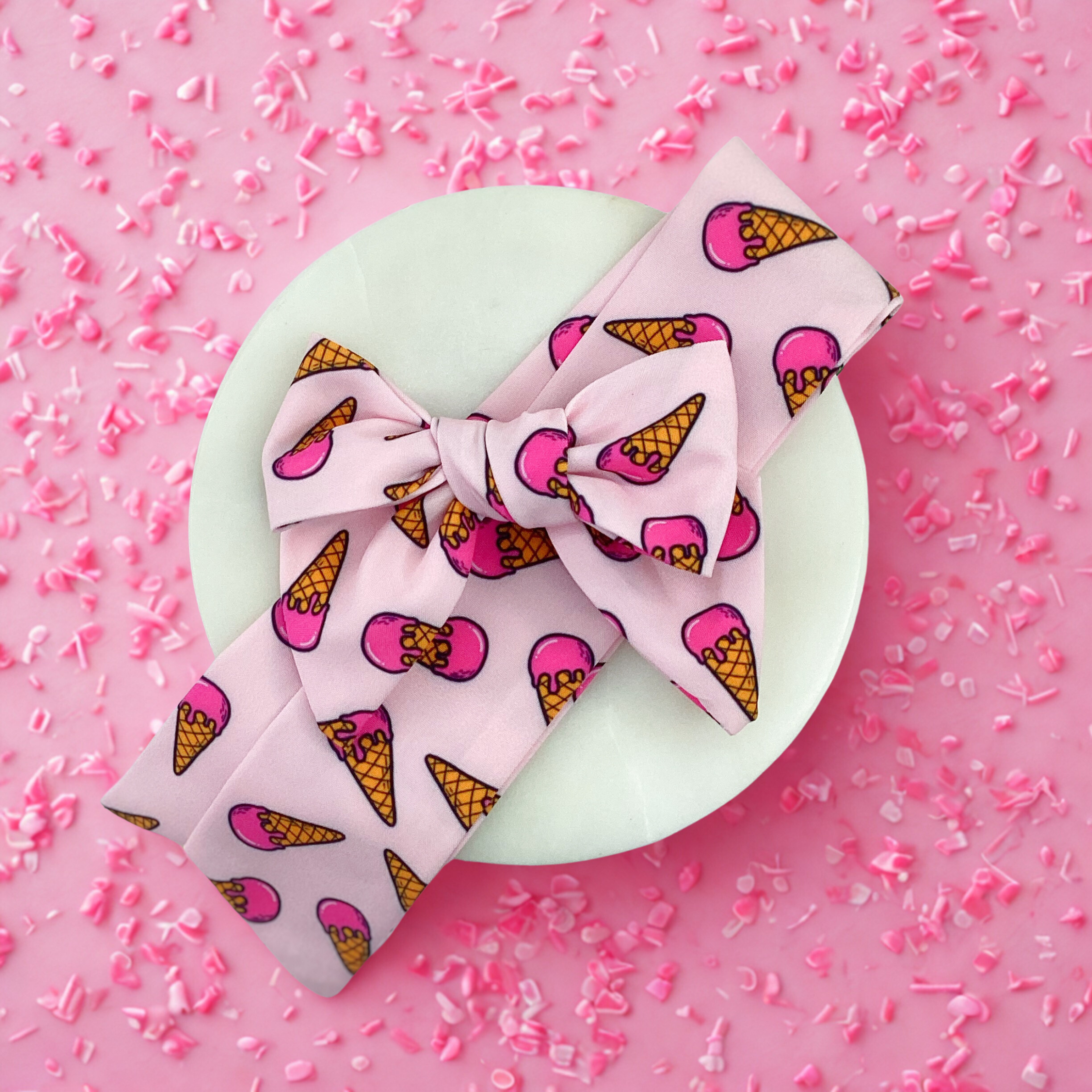 Pink Ice Cream Cones Bow Strip, Headband and Scrunchie Collection