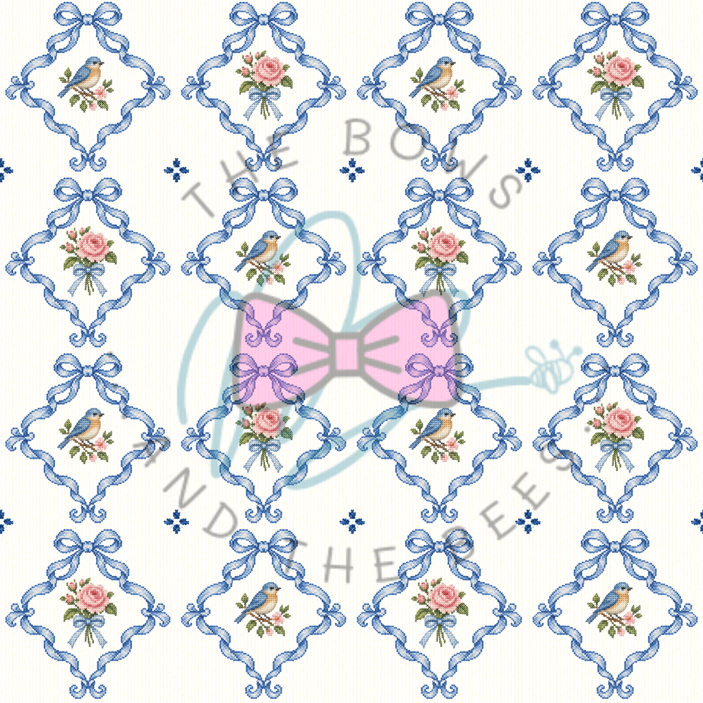 Blue Sweet Songbird Sampler | Cross-stitch Seamless Pattern