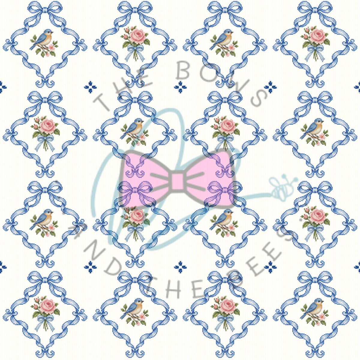 Blue Sweet Songbird Sampler | Cross-stitch Seamless Pattern