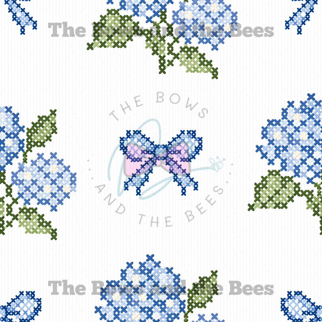 Little Miss Blue Hydrangea Sampler | Cross-stitch Seamless Pattern
