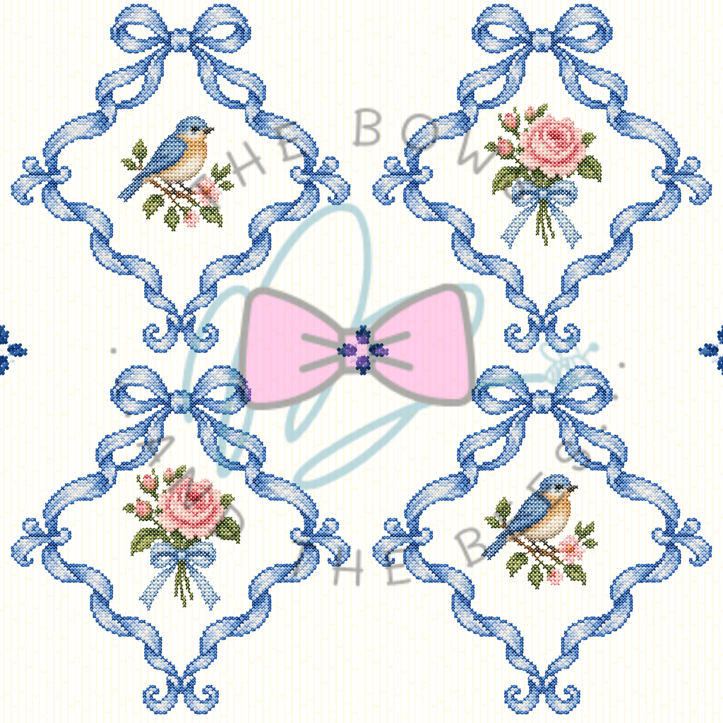 Blue Sweet Songbird Sampler | Cross-stitch Seamless Pattern