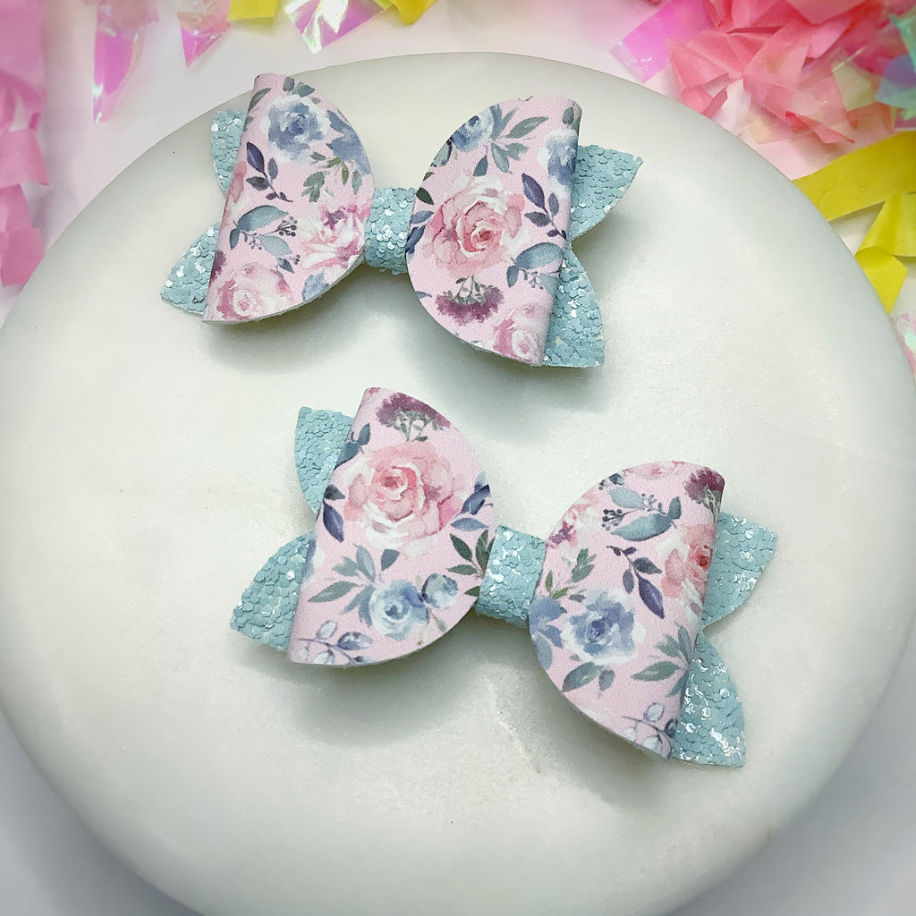 Grey and Pink Garden Riley Bow and 3.5” Faux Leather Bow Collection
