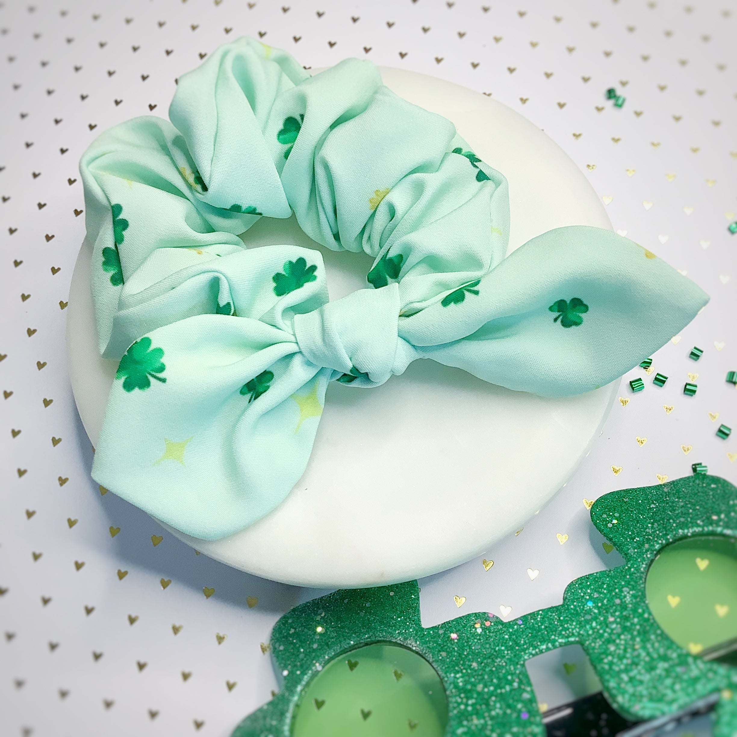 Minty Shamrock Bow Strip and Scrunchie Collection