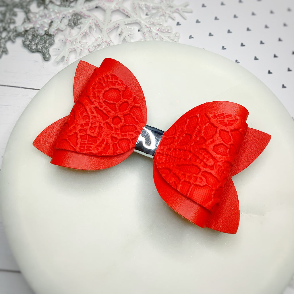 Cherry Red Tooled Leather Faux Leather Bow