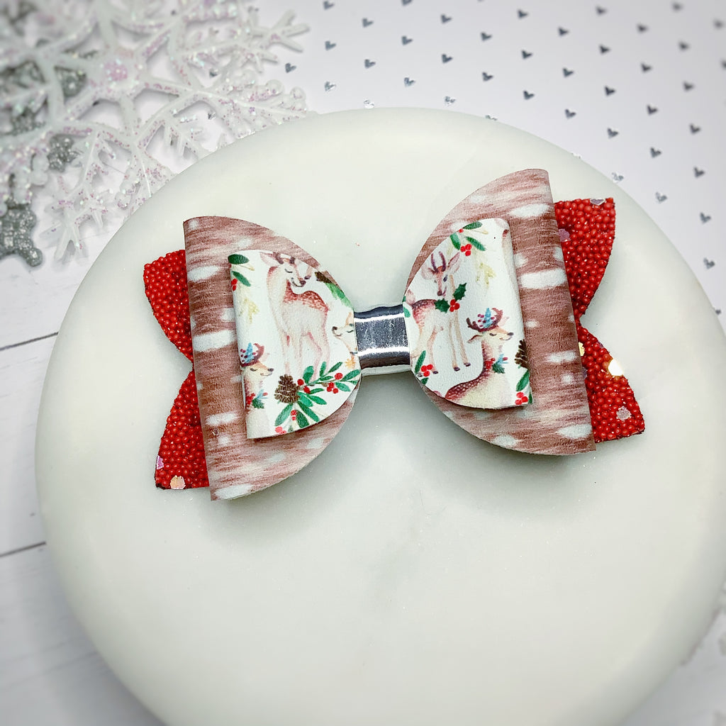Christmas Deer Faux Leather Bow