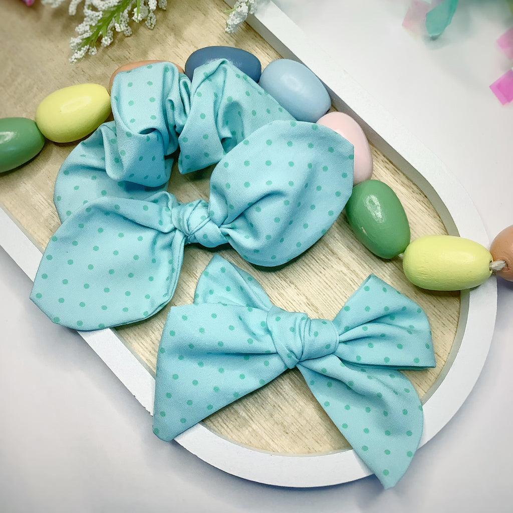 Robin’s Egg Polka Dot Bow and Scrunchie Collection